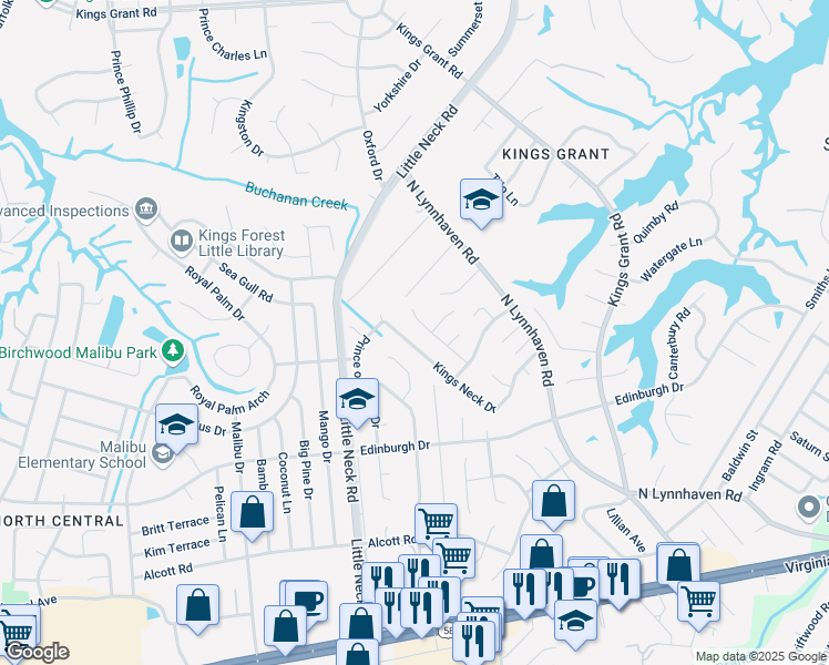 map of restaurants, bars, coffee shops, grocery stores, and more near 3404 Kings Neck Drive in Virginia Beach