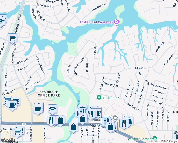 map of restaurants, bars, coffee shops, grocery stores, and more near 512 Suber Drive in Virginia Beach