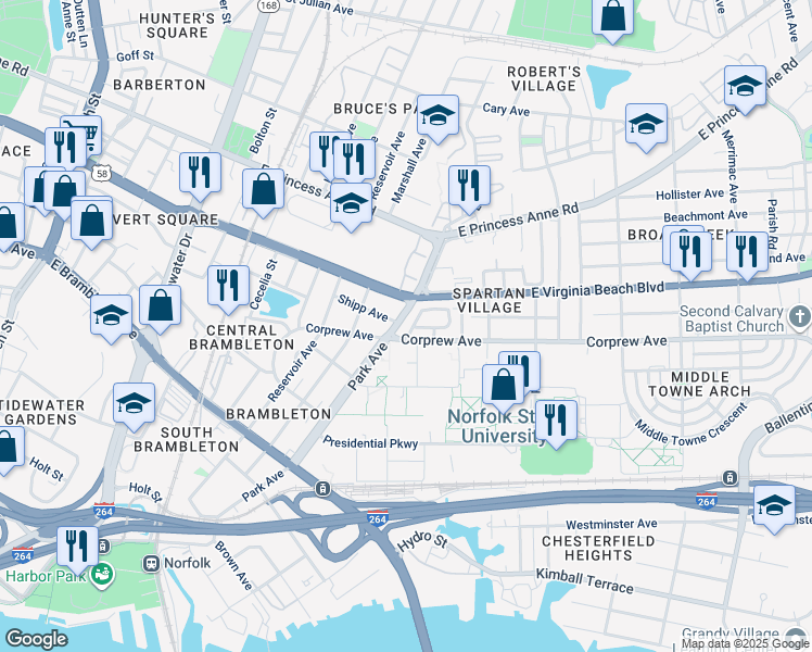 map of restaurants, bars, coffee shops, grocery stores, and more near 909 Madison Avenue in Norfolk