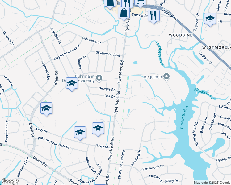 map of restaurants, bars, coffee shops, grocery stores, and more near 3132 Tyre Neck Road in Chesapeake
