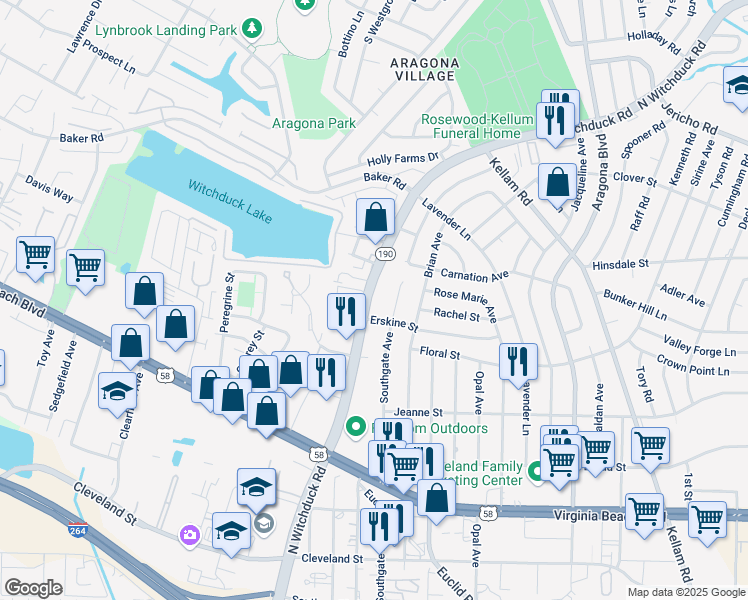 map of restaurants, bars, coffee shops, grocery stores, and more near 456 North Witchduck Road in Virginia Beach