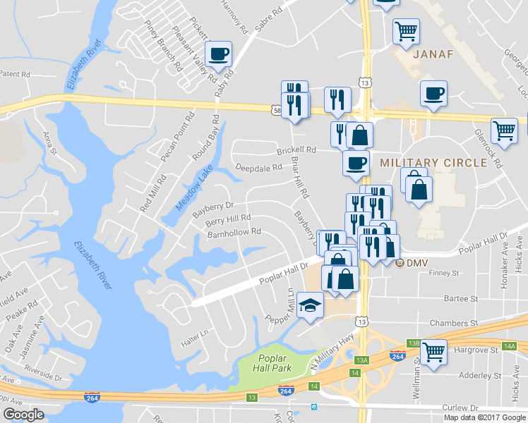 map of restaurants, bars, coffee shops, grocery stores, and more near 5512 Berry Hill Road in Norfolk