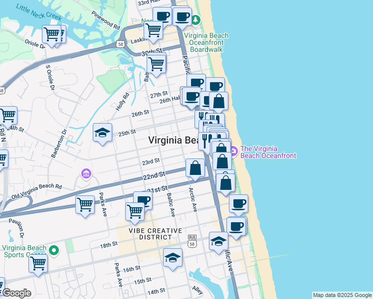 map of restaurants, bars, coffee shops, grocery stores, and more near 317 23rd Street in Virginia Beach