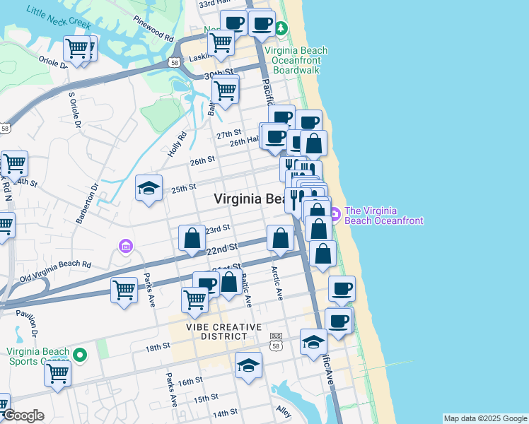 map of restaurants, bars, coffee shops, grocery stores, and more near in Virginia Beach