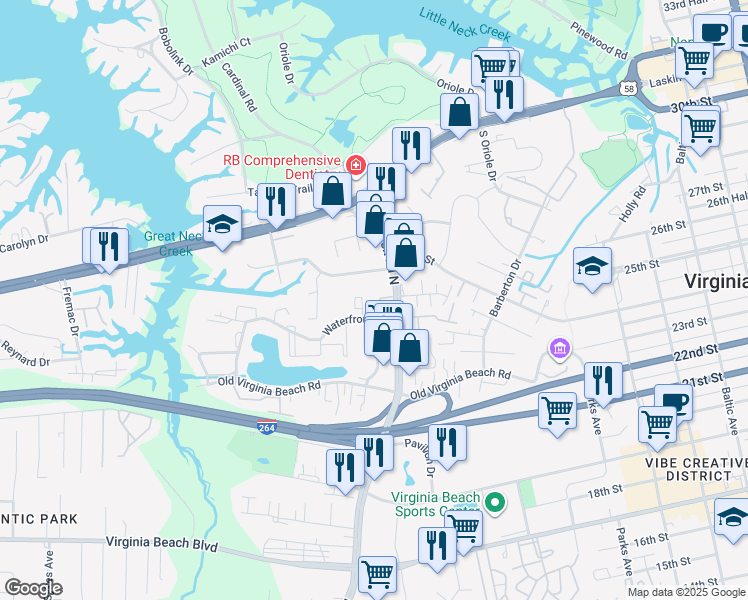 map of restaurants, bars, coffee shops, grocery stores, and more near 537 Waterfront Drive in Virginia Beach