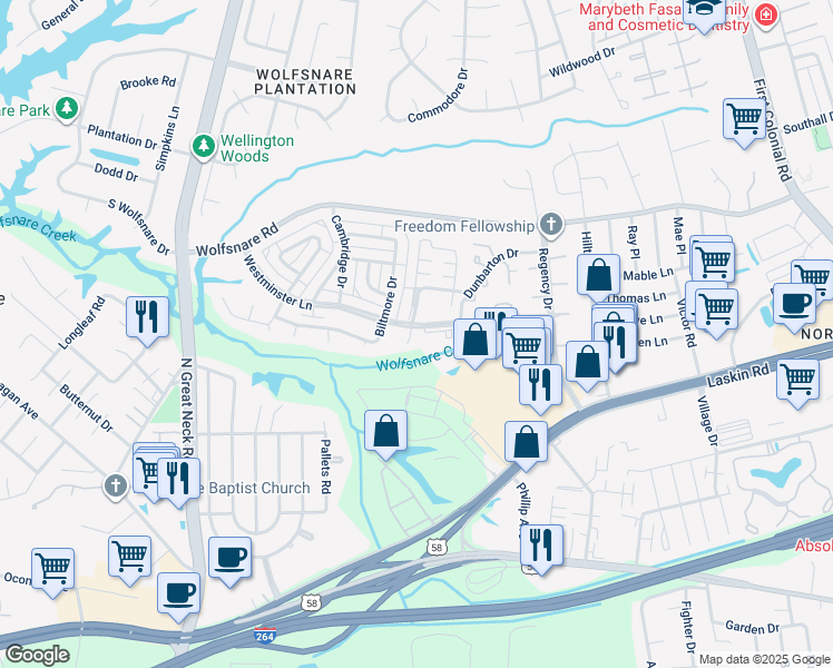 map of restaurants, bars, coffee shops, grocery stores, and more near 508 Carnaby Court in Virginia Beach