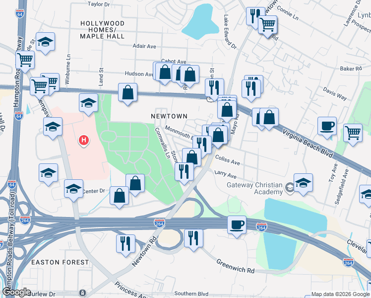 map of restaurants, bars, coffee shops, grocery stores, and more near 6608 Stoney Point South in Norfolk