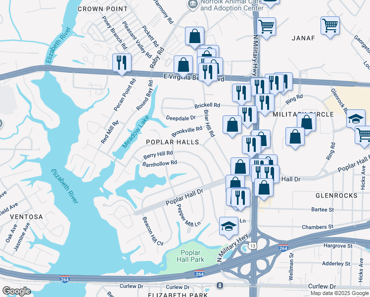 map of restaurants, bars, coffee shops, grocery stores, and more near 5512 Berry Hill Road in Norfolk