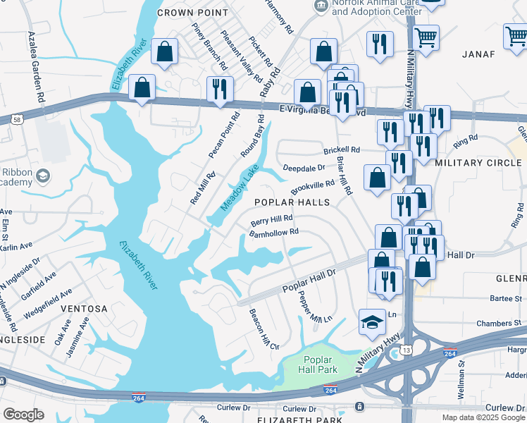 map of restaurants, bars, coffee shops, grocery stores, and more near 5406 Berry Hill Road in Norfolk