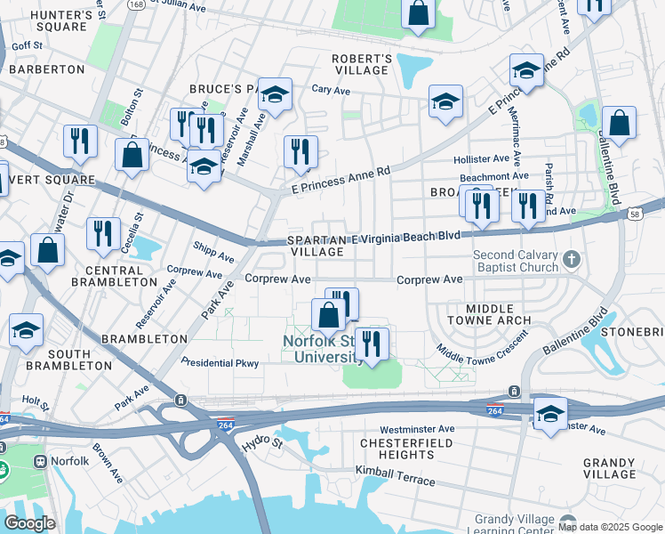 map of restaurants, bars, coffee shops, grocery stores, and more near 2422 Corprew Avenue in Norfolk