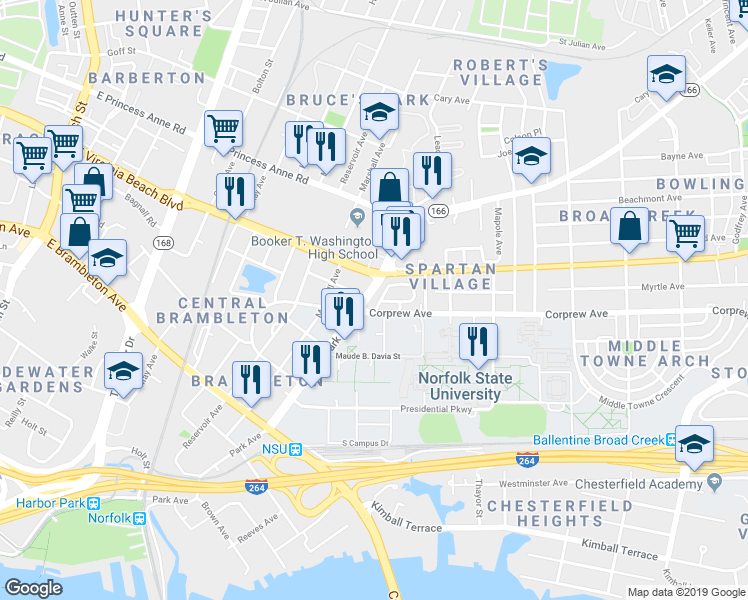 map of restaurants, bars, coffee shops, grocery stores, and more near 804 Park Avenue in Norfolk