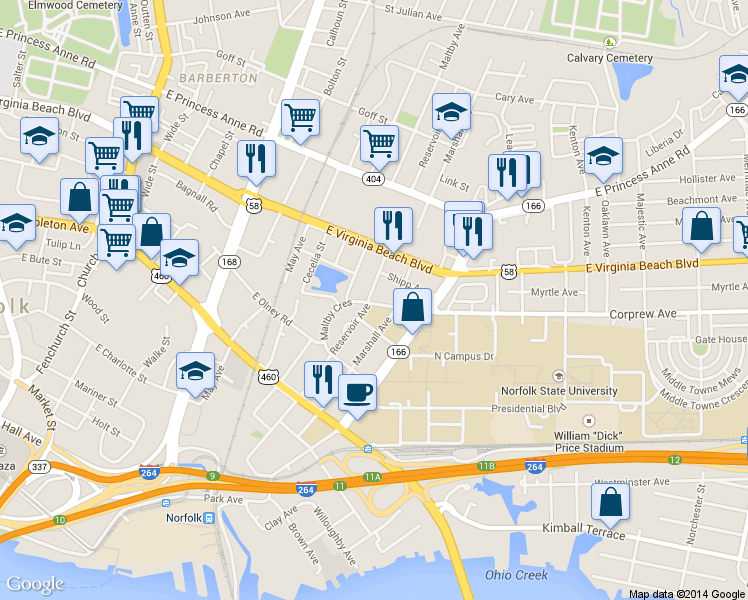 map of restaurants, bars, coffee shops, grocery stores, and more near 909 Marshall Avenue in Norfolk