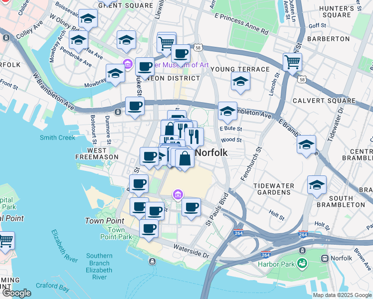 map of restaurants, bars, coffee shops, grocery stores, and more near 401 Monticello Avenue in Norfolk