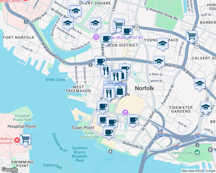 map of restaurants, bars, coffee shops, grocery stores, and more near 122 College Place in Norfolk