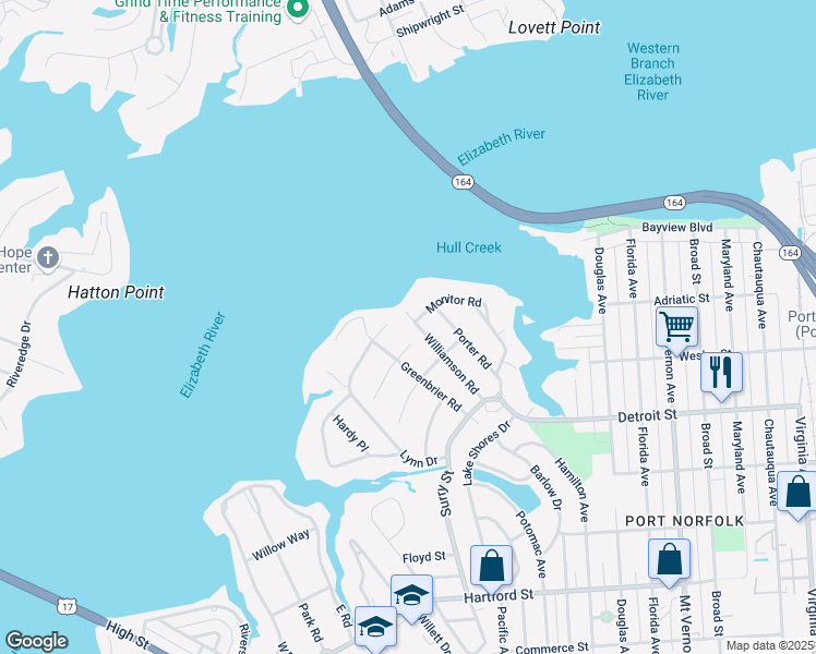 map of restaurants, bars, coffee shops, grocery stores, and more near 102 Llewellyn Street in Portsmouth