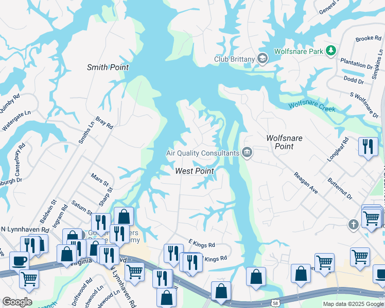 map of restaurants, bars, coffee shops, grocery stores, and more near 604 Chesopeian Trail in Virginia Beach
