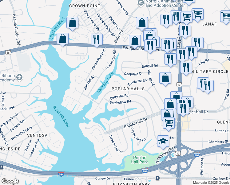 map of restaurants, bars, coffee shops, grocery stores, and more near 5406 Berry Hill Road in Norfolk