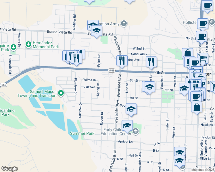 map of restaurants, bars, coffee shops, grocery stores, and more near 1060 Jan Avenue in Hollister