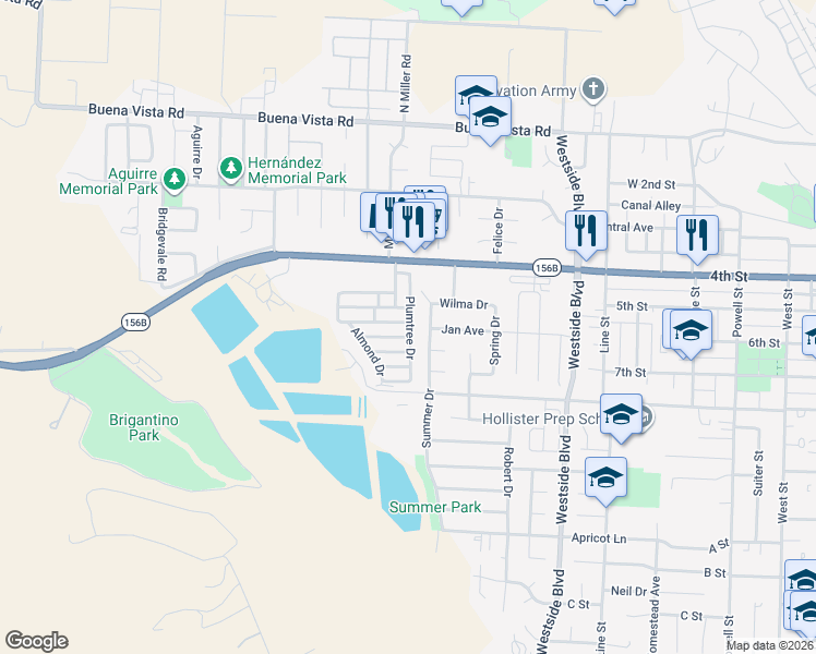 map of restaurants, bars, coffee shops, grocery stores, and more near 174 Redwood Drive in Hollister
