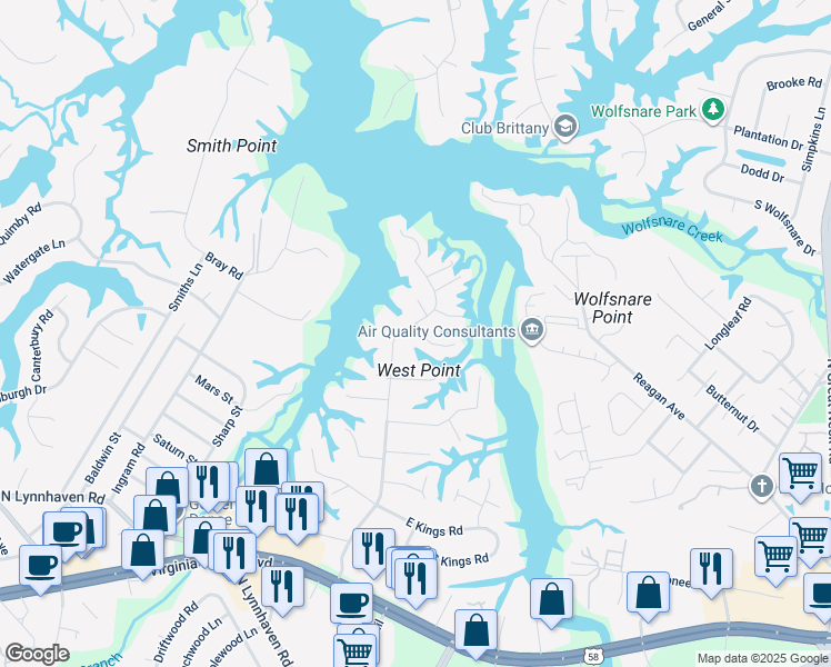 map of restaurants, bars, coffee shops, grocery stores, and more near 604 Chesopeian Trail in Virginia Beach