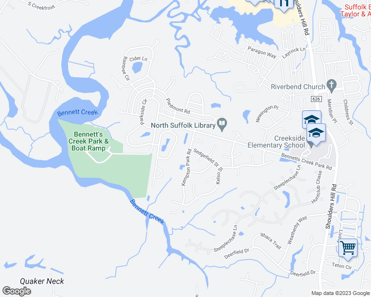 map of restaurants, bars, coffee shops, grocery stores, and more near 3018 Kempton Park Road in Suffolk