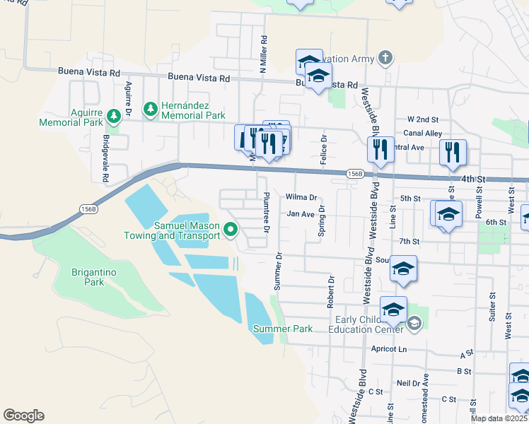 map of restaurants, bars, coffee shops, grocery stores, and more near 174 Redwood Drive in Hollister