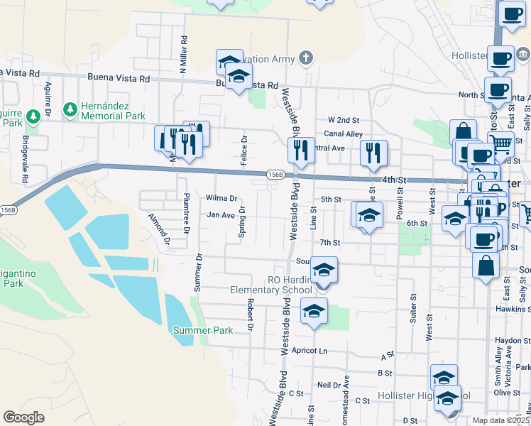 map of restaurants, bars, coffee shops, grocery stores, and more near 1060 Jan Avenue in Hollister