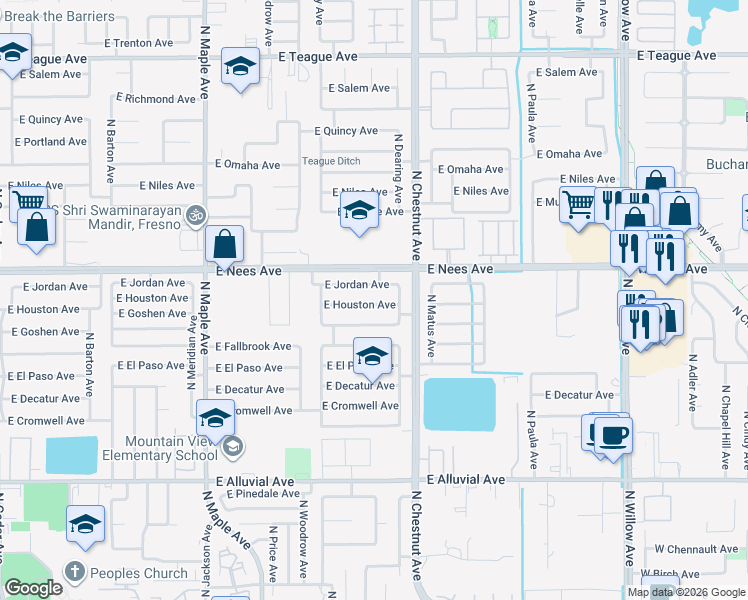 map of restaurants, bars, coffee shops, grocery stores, and more near 2378 East Goshen Avenue in Fresno