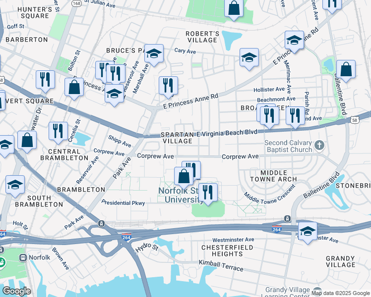 map of restaurants, bars, coffee shops, grocery stores, and more near 2422 Corprew Avenue in Norfolk