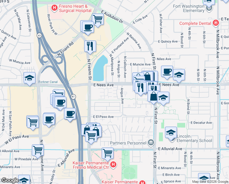 map of restaurants, bars, coffee shops, grocery stores, and more near Unnamed Road in Fresno