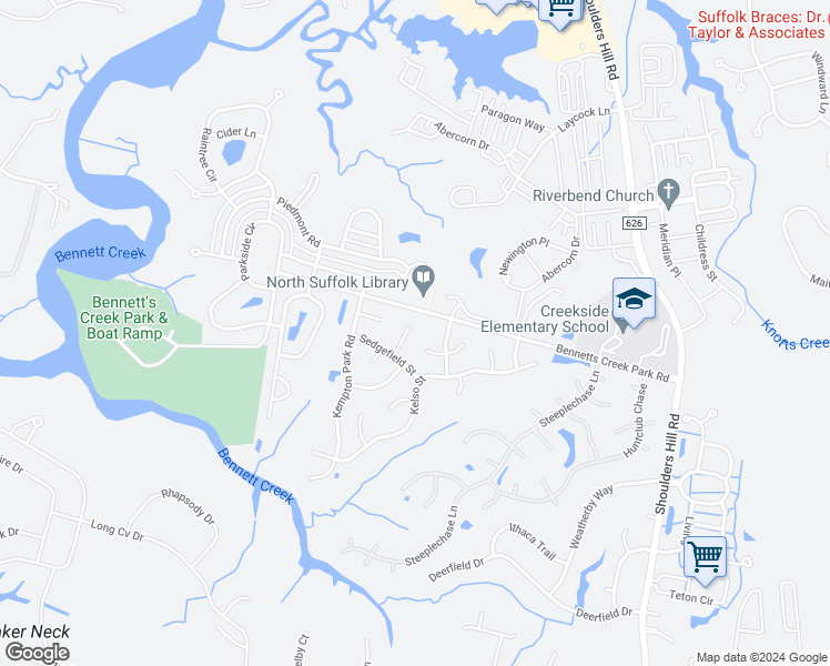map of restaurants, bars, coffee shops, grocery stores, and more near 3010 Carlisle Court in Suffolk