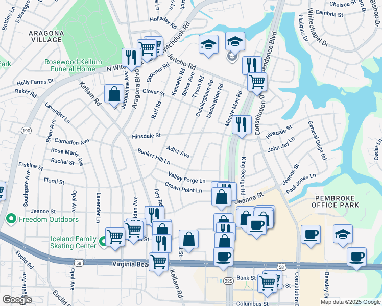 map of restaurants, bars, coffee shops, grocery stores, and more near 513 Declaration Road in Virginia Beach