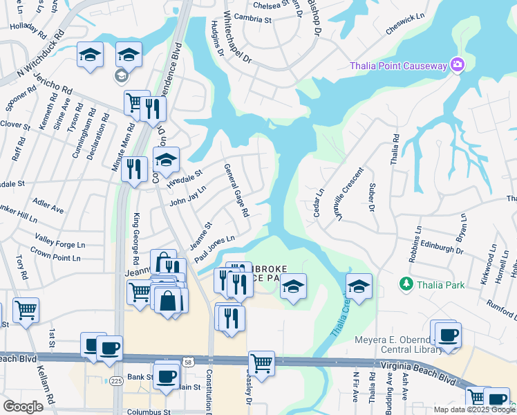 map of restaurants, bars, coffee shops, grocery stores, and more near 4405 General Gage Court in Virginia Beach