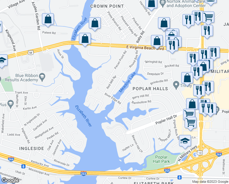 map of restaurants, bars, coffee shops, grocery stores, and more near 710 Round Bay Road in Norfolk