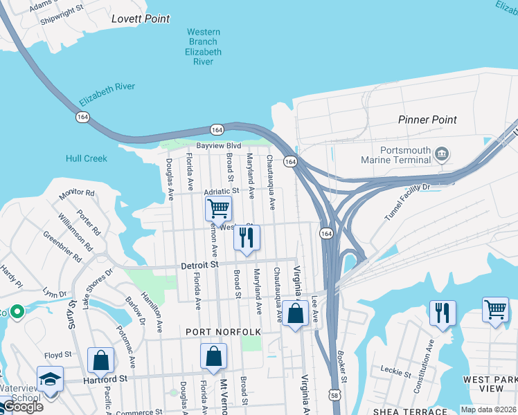 map of restaurants, bars, coffee shops, grocery stores, and more near 246 Chautauqua Avenue in Portsmouth