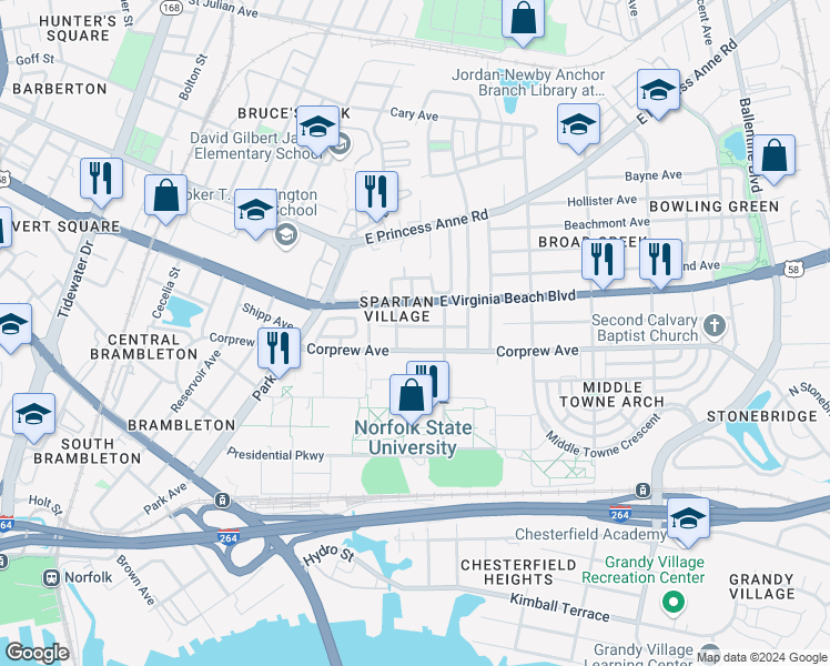 map of restaurants, bars, coffee shops, grocery stores, and more near 2415 Myrtle Avenue in Norfolk