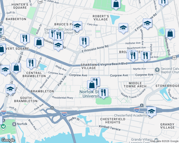 map of restaurants, bars, coffee shops, grocery stores, and more near 2340 Corprew Avenue in Norfolk