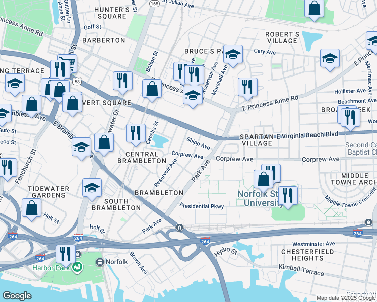 map of restaurants, bars, coffee shops, grocery stores, and more near 1414 Corprew Avenue in Norfolk