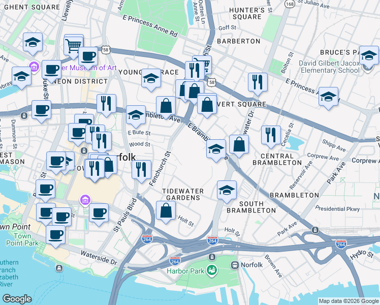 map of restaurants, bars, coffee shops, grocery stores, and more near 600 Church Street in Norfolk