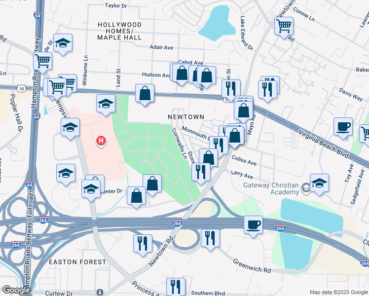 map of restaurants, bars, coffee shops, grocery stores, and more near 6581 Stoney Point South in Norfolk