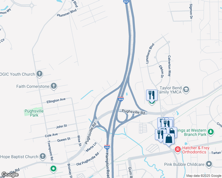 map of restaurants, bars, coffee shops, grocery stores, and more near 4919 Clifton Street in Chesapeake