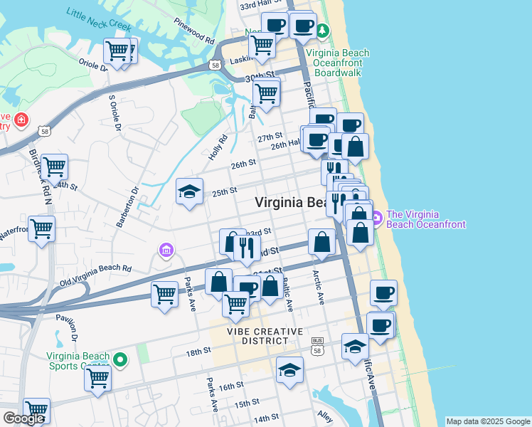 map of restaurants, bars, coffee shops, grocery stores, and more near 514 24th Street in Virginia Beach