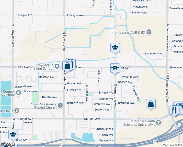 map of restaurants, bars, coffee shops, grocery stores, and more near 2046 Houston Avenue in Clovis
