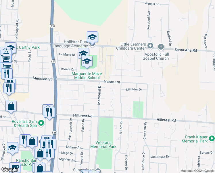 map of restaurants, bars, coffee shops, grocery stores, and more near 1020 Pear Court in Hollister