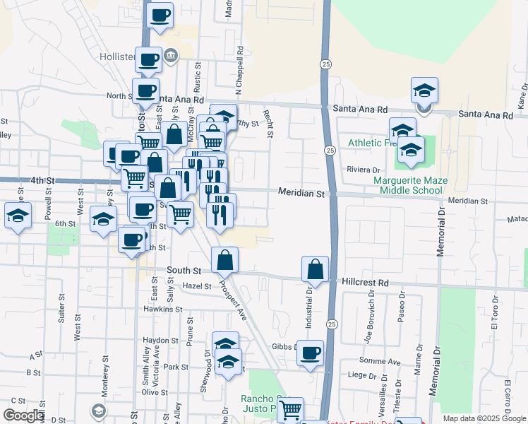 map of restaurants, bars, coffee shops, grocery stores, and more near 890 Las Palmas Drive in Hollister