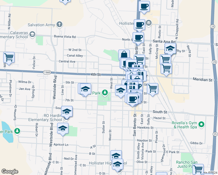 map of restaurants, bars, coffee shops, grocery stores, and more near 488 6th Street in Hollister