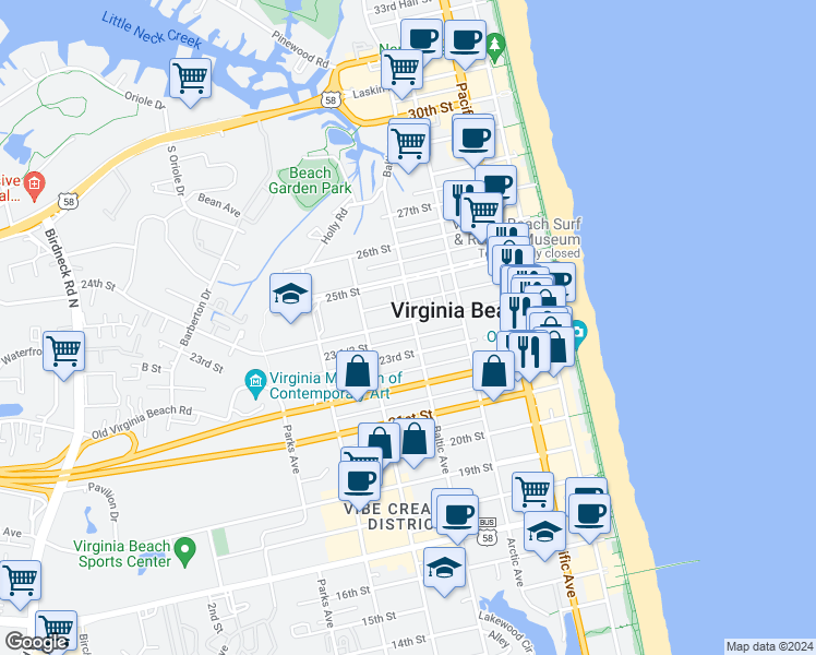 map of restaurants, bars, coffee shops, grocery stores, and more near 501 23rd Street in Virginia Beach