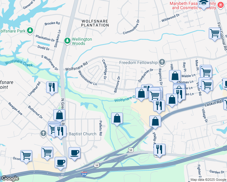 map of restaurants, bars, coffee shops, grocery stores, and more near 676 Biltmore Drive in Virginia Beach
