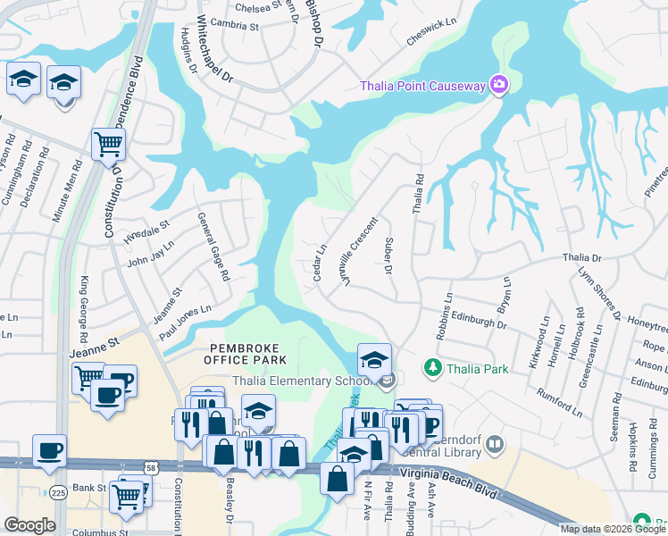 map of restaurants, bars, coffee shops, grocery stores, and more near 4337 Lynnville Crescent in Virginia Beach
