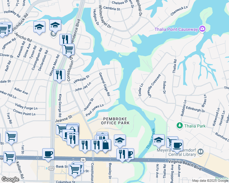 map of restaurants, bars, coffee shops, grocery stores, and more near 4405 General Gage Court in Virginia Beach